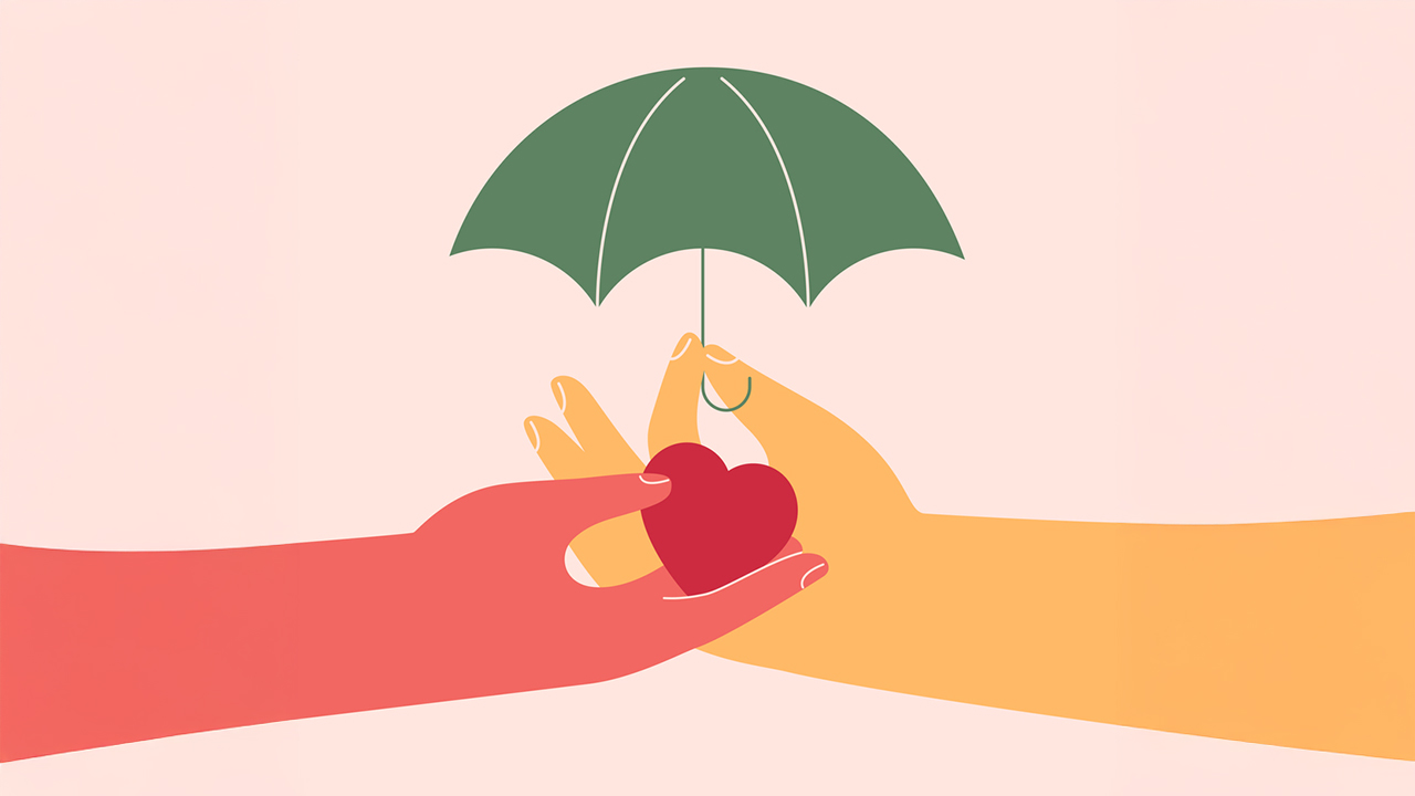 medical Insurance, life saving. health protection, security. Hand with open umbrella guarding hand with red heart. Vector